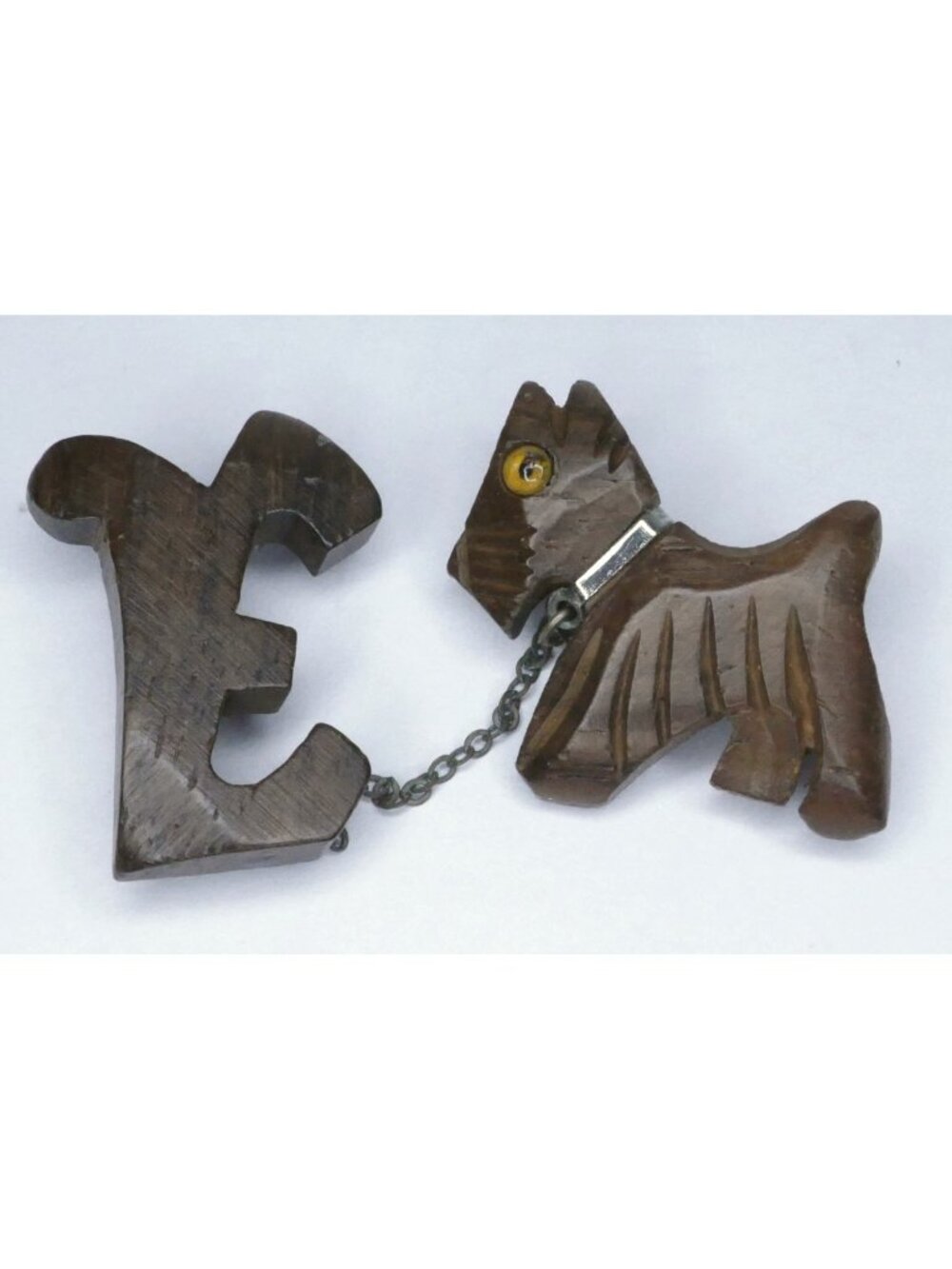 Vintage 1940s Carved Wood Scottie Dog Monogram Letter E Chatelaine Brooch Pin